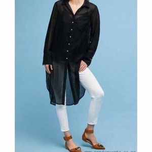 Anthropologie Akemi + Kin Black Sheer Long Sleeve Button-Down Tunic Size M